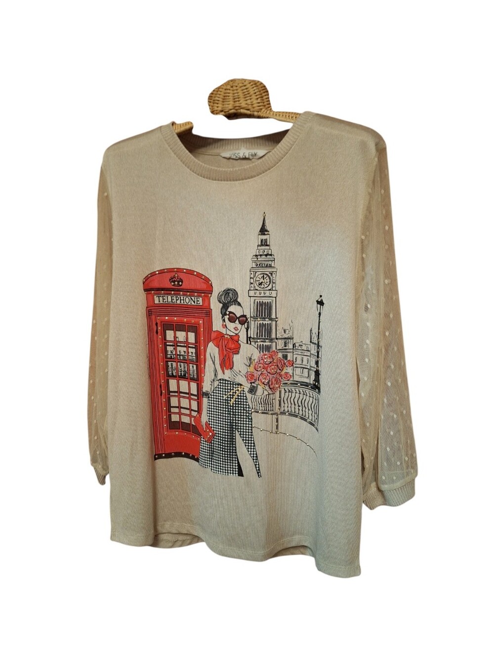Kiss & Fly British Clock Tower Theme Rhinestone Long Sleeve Top Women's Size XL